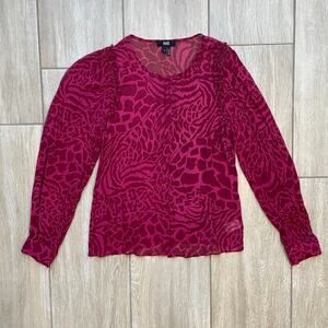 PAIGE 100% Silk Blouse Small Rumba Red Mixed Zebra Button Front Pink Top